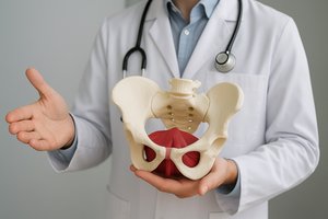 Ein Arzt hält das Modell eines Beckebodens