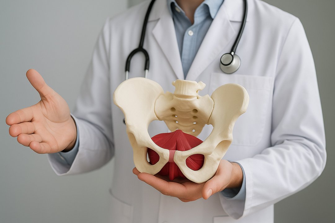 Ein Arzt hält das Modell eines Beckebodens